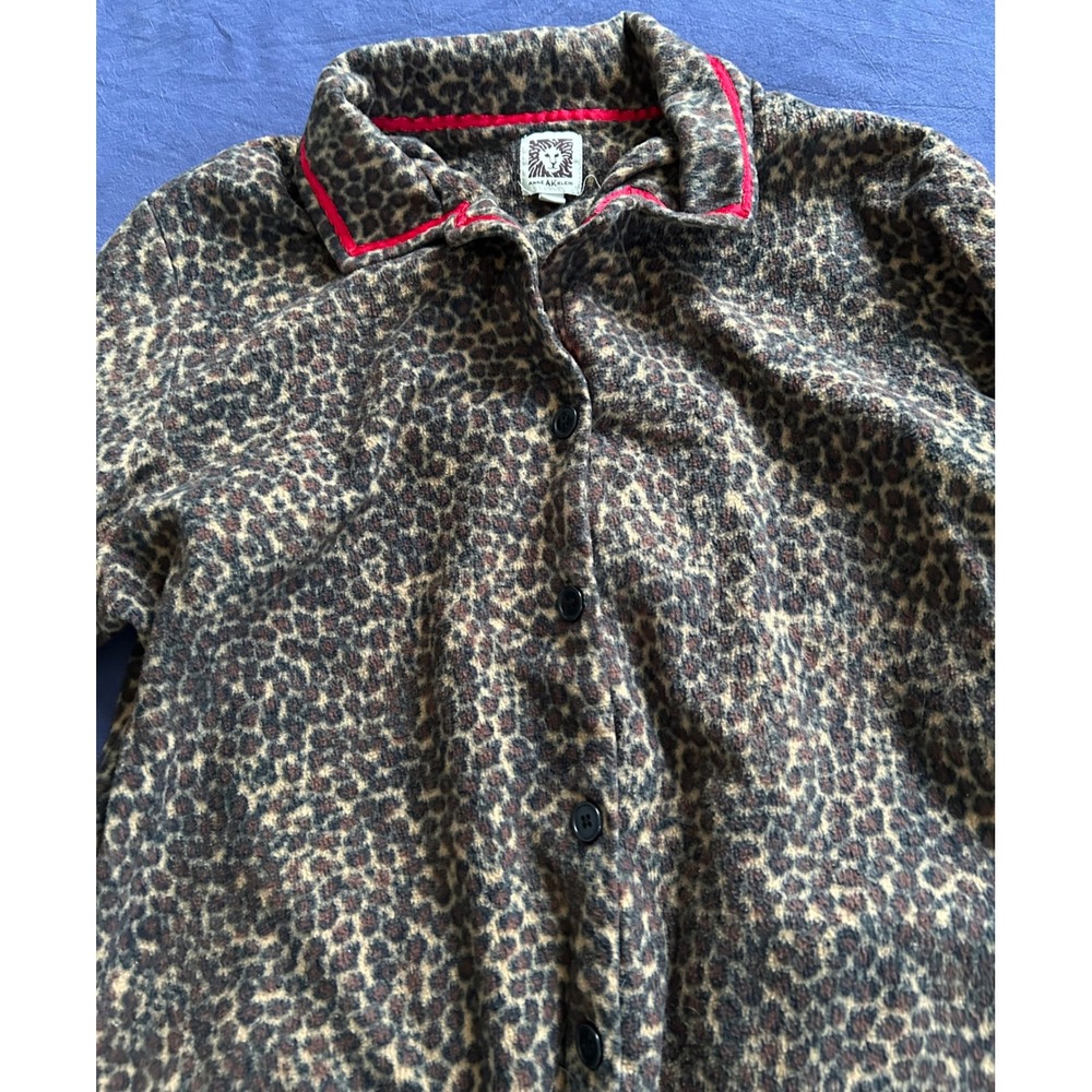 Anne Klein Womens Leopard Print Fleece Pajama Set Large Brown Red Trim L 14-16